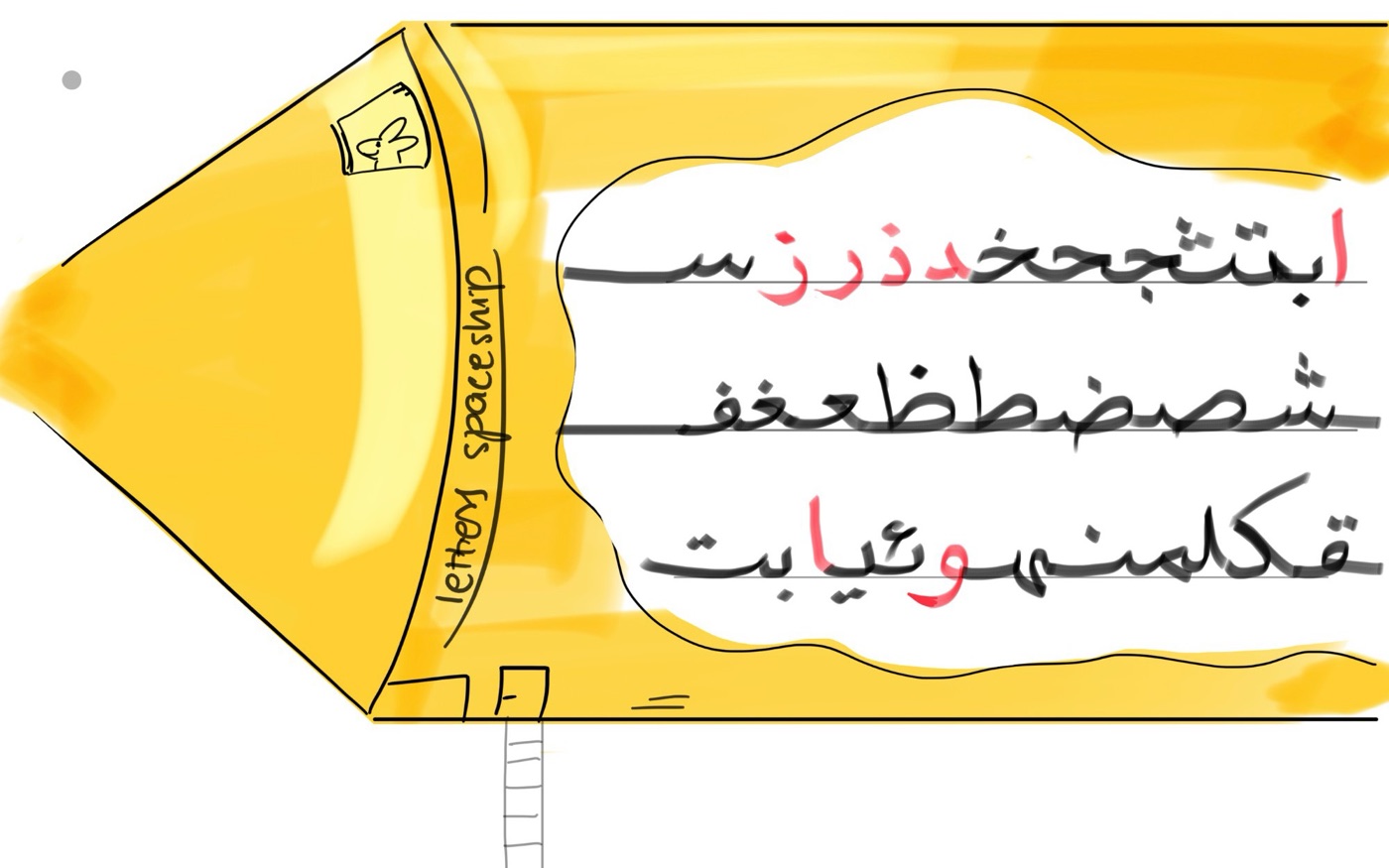 Ustaz Hamza's drawing: the letters spaceship, with all the Arabic letters written joined together in 3 rows